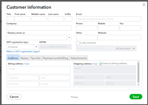 QuickBooks Setup - Add Customer Information